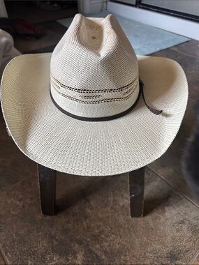 Straw Cowboy Hat with Brown Band - Cream